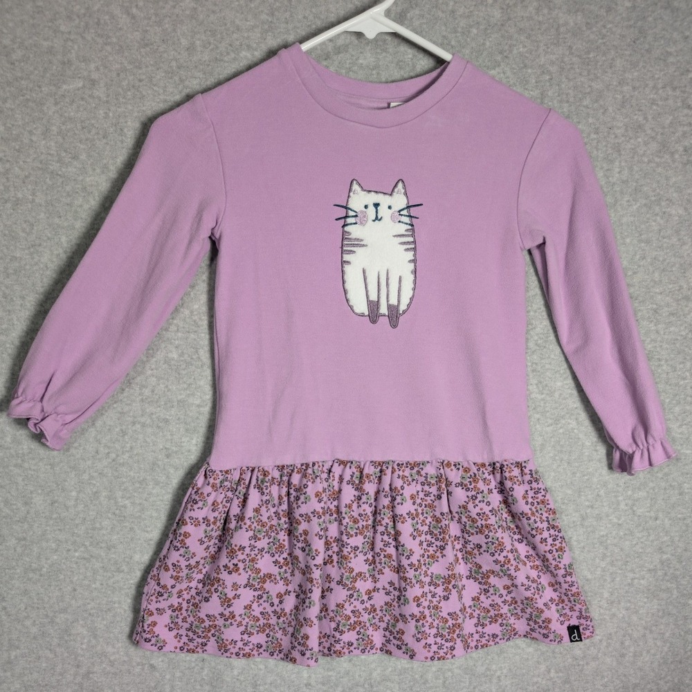 Deux par Deux Girls Sweater Dress Size 5 Purple Cat Graphic Drop Waist Floral
